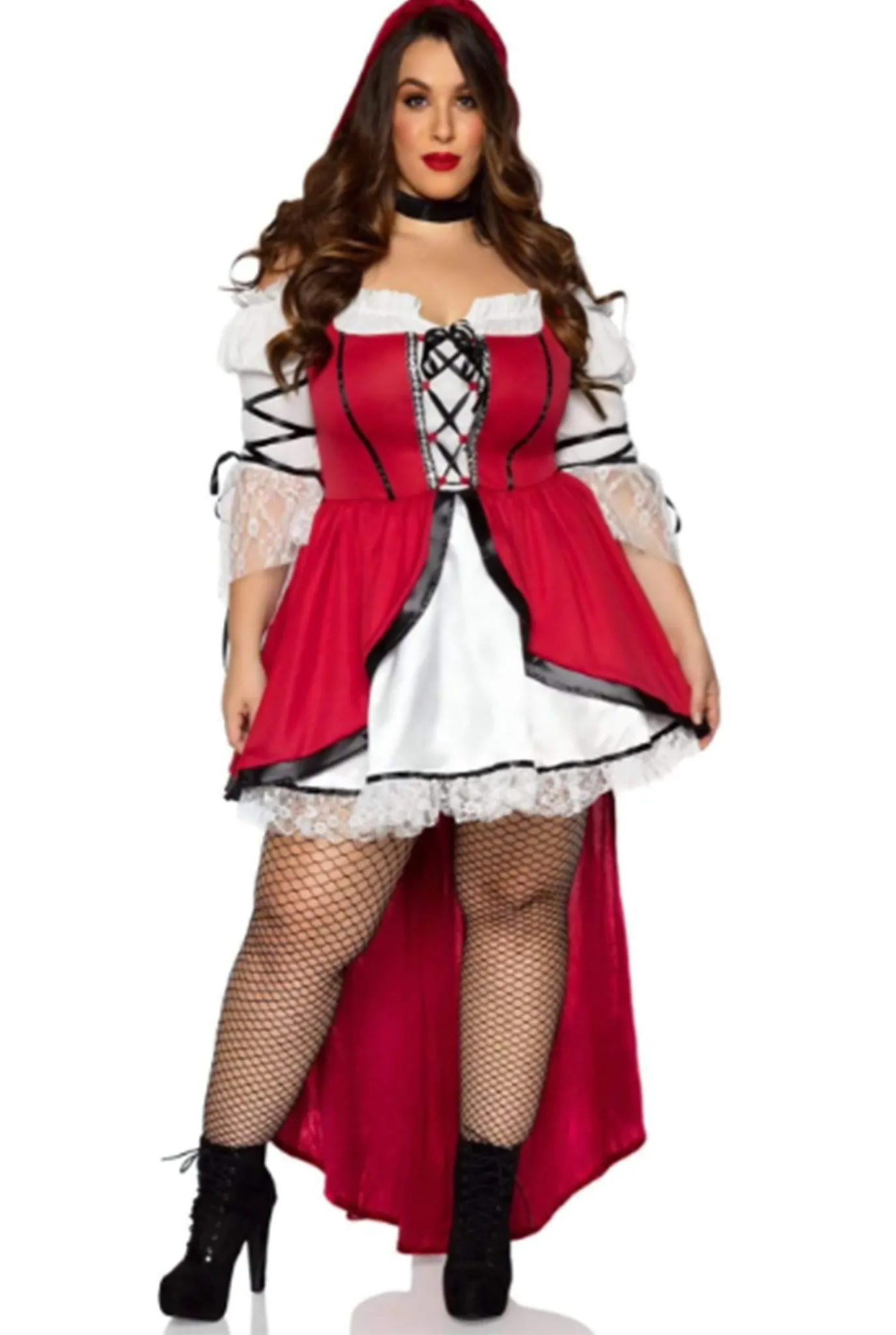 2-Piece Seductive Red Riding Hood Costume with Lace-Trimmed Dress & Hooded Cape