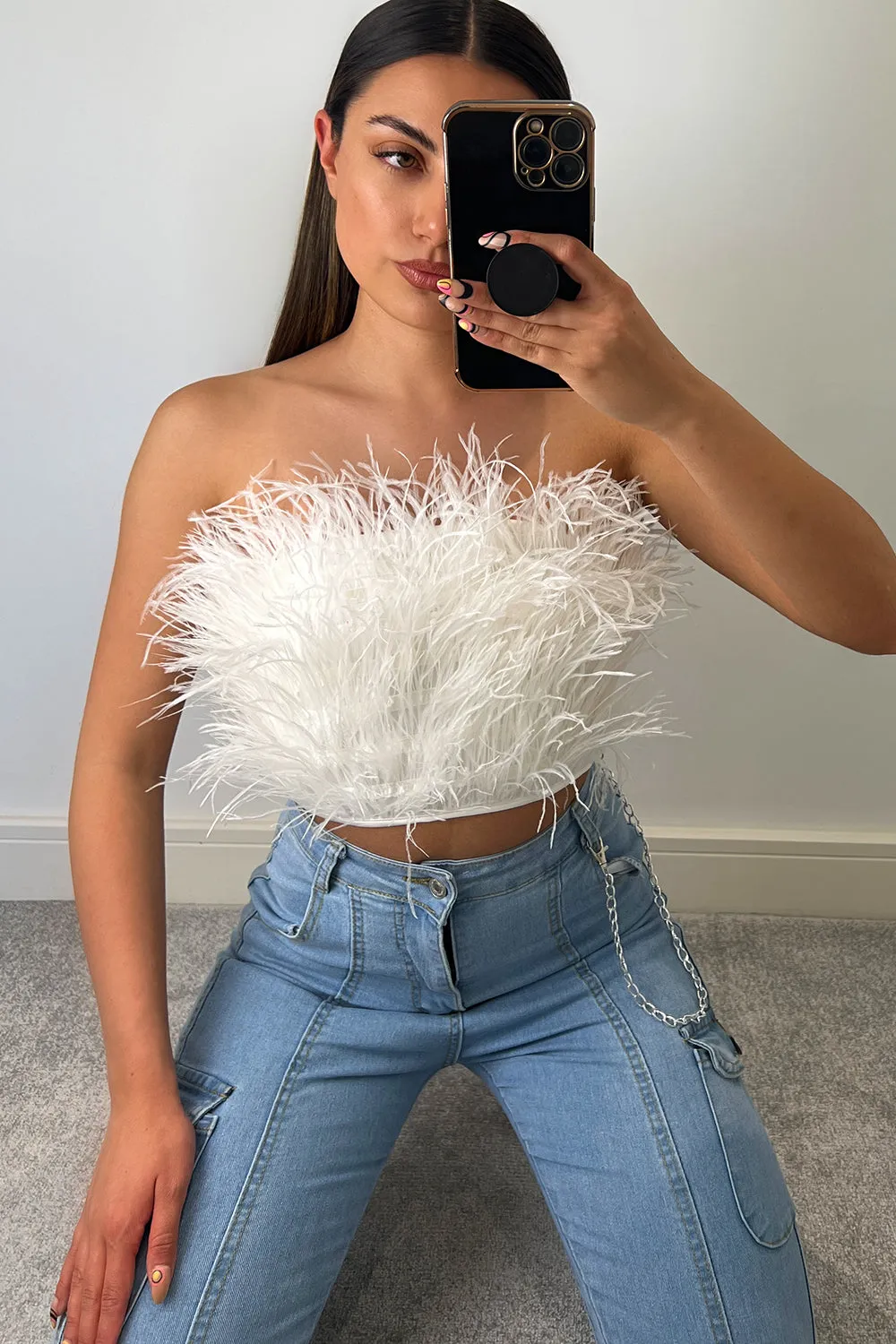 Alisa White Feather Bandeau Crop Top