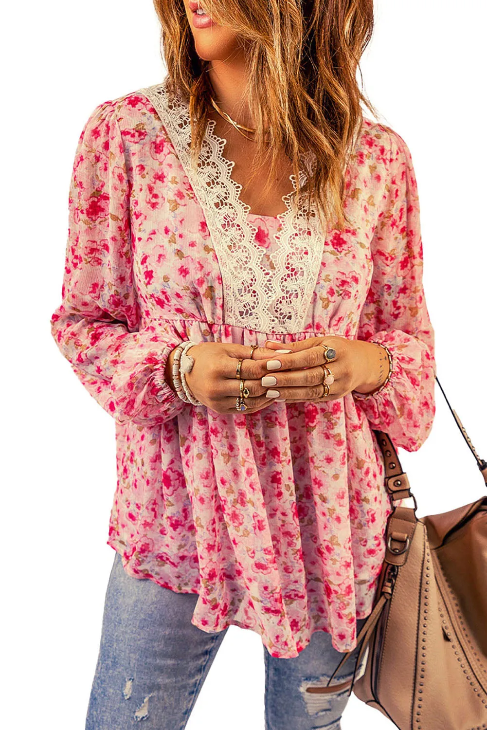 *App Exclusive* Floral Lace Trim Balloon Sleeve Blouse