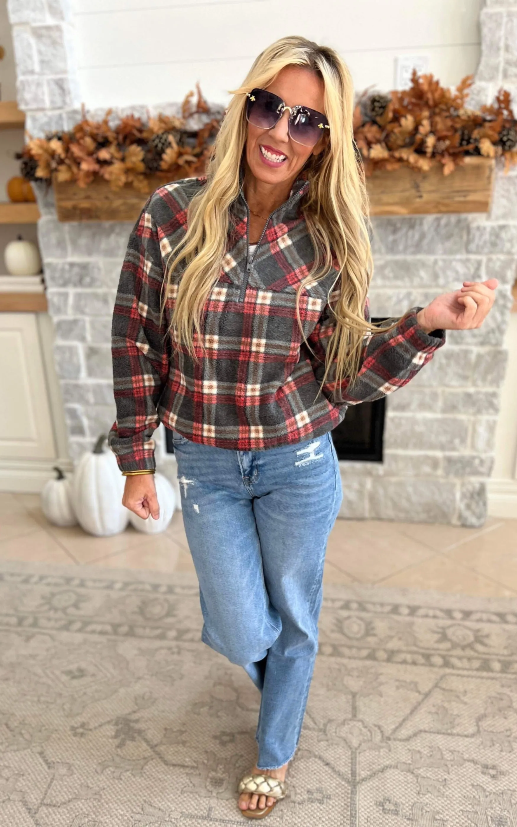 Autumn Morning Wood Brushed Plaid Pullover Top - Pink - Final Sale