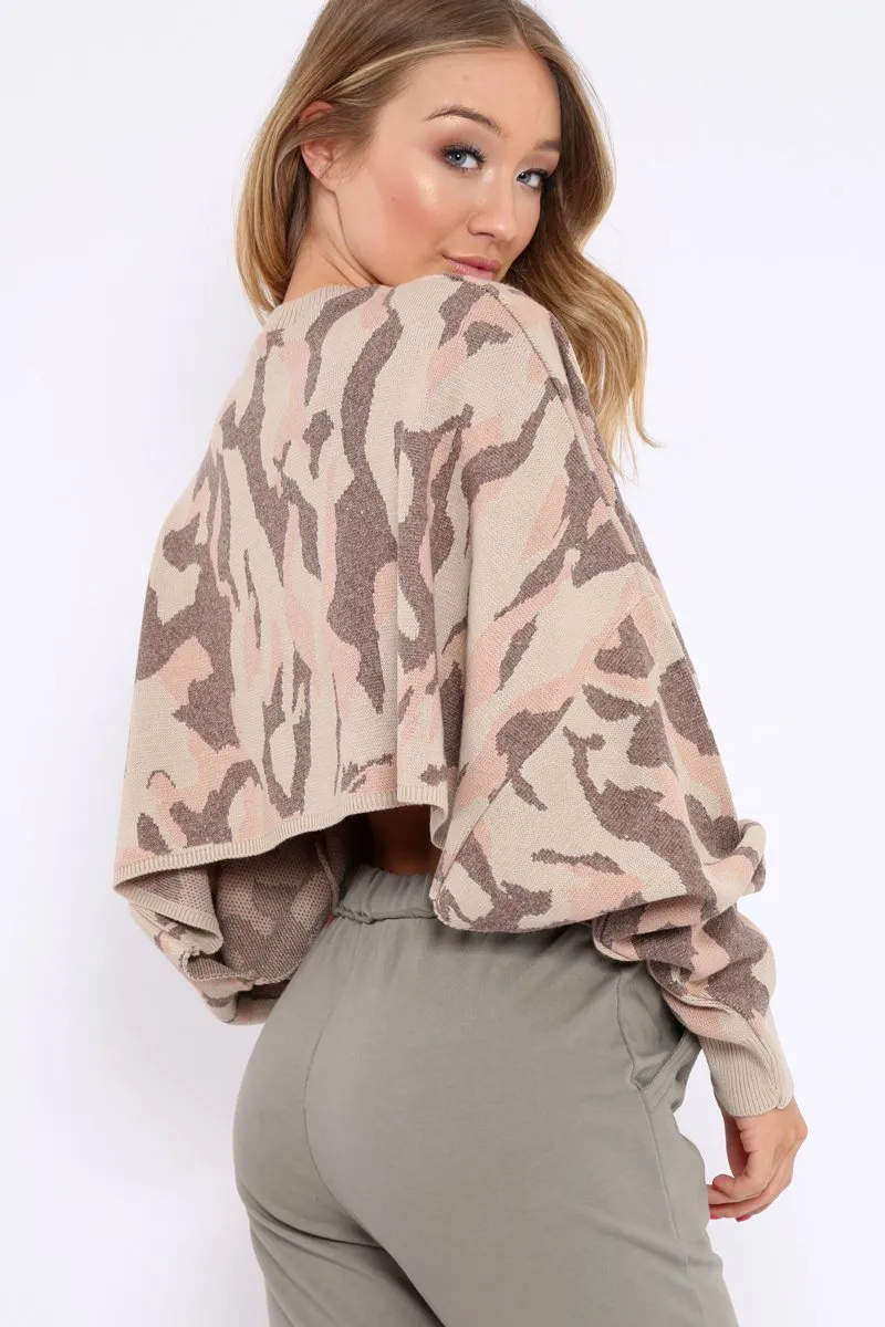 Beige Cropped Batwing Camo Jumper - Lizy