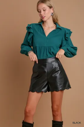 Black Faux Leather Scalloped Shorts