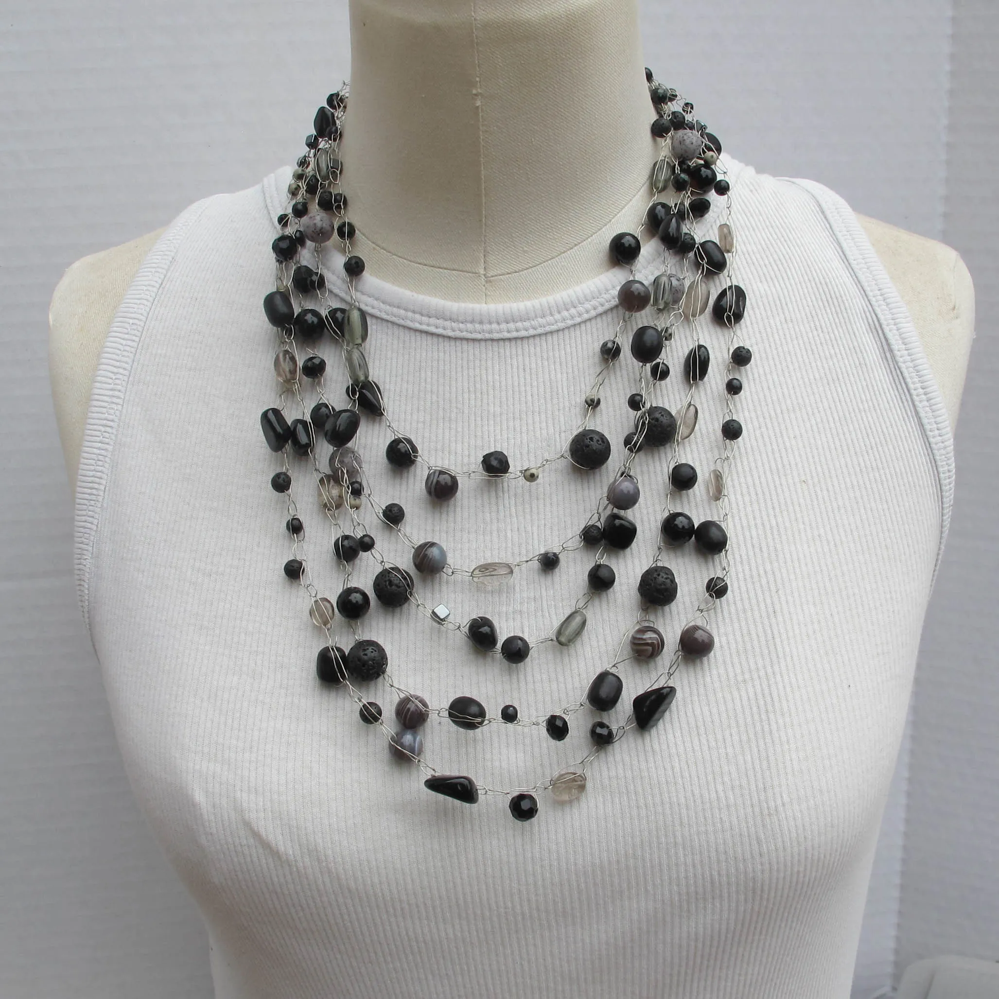 Black Gemstone Wire Crochet Extravaganza Necklace