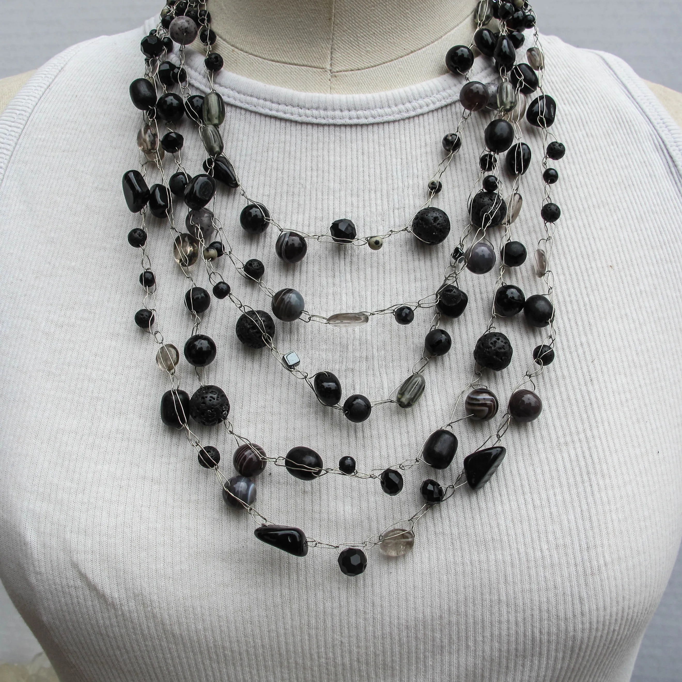 Black Gemstone Wire Crochet Extravaganza Necklace