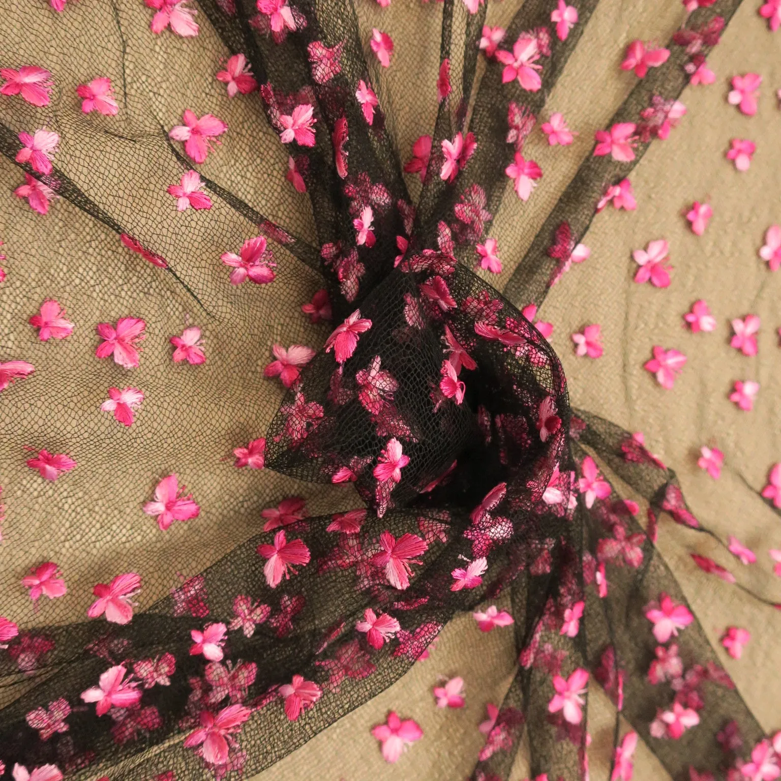 Black Tulle with Pink Butterfly Design Embroidered Fabric