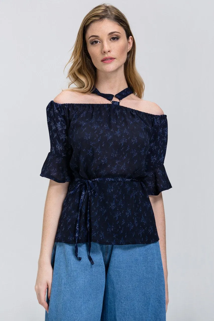 Blue Mini Flower Print cold shoulder Top