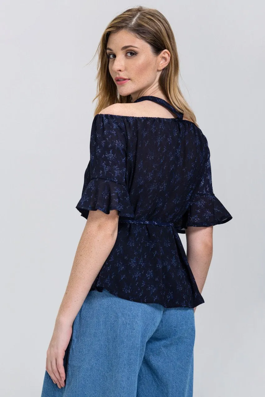 Blue Mini Flower Print cold shoulder Top