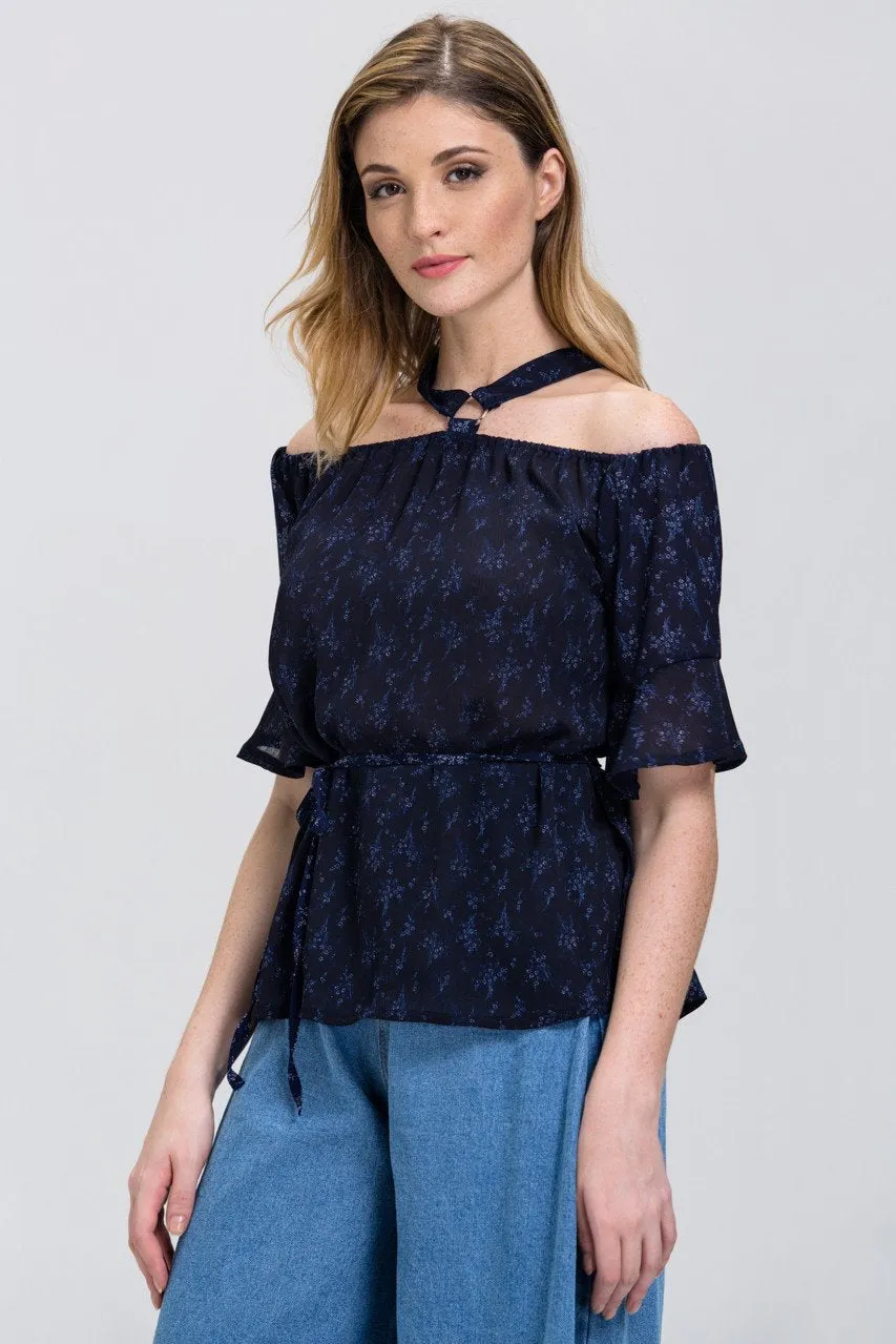 Blue Mini Flower Print cold shoulder Top