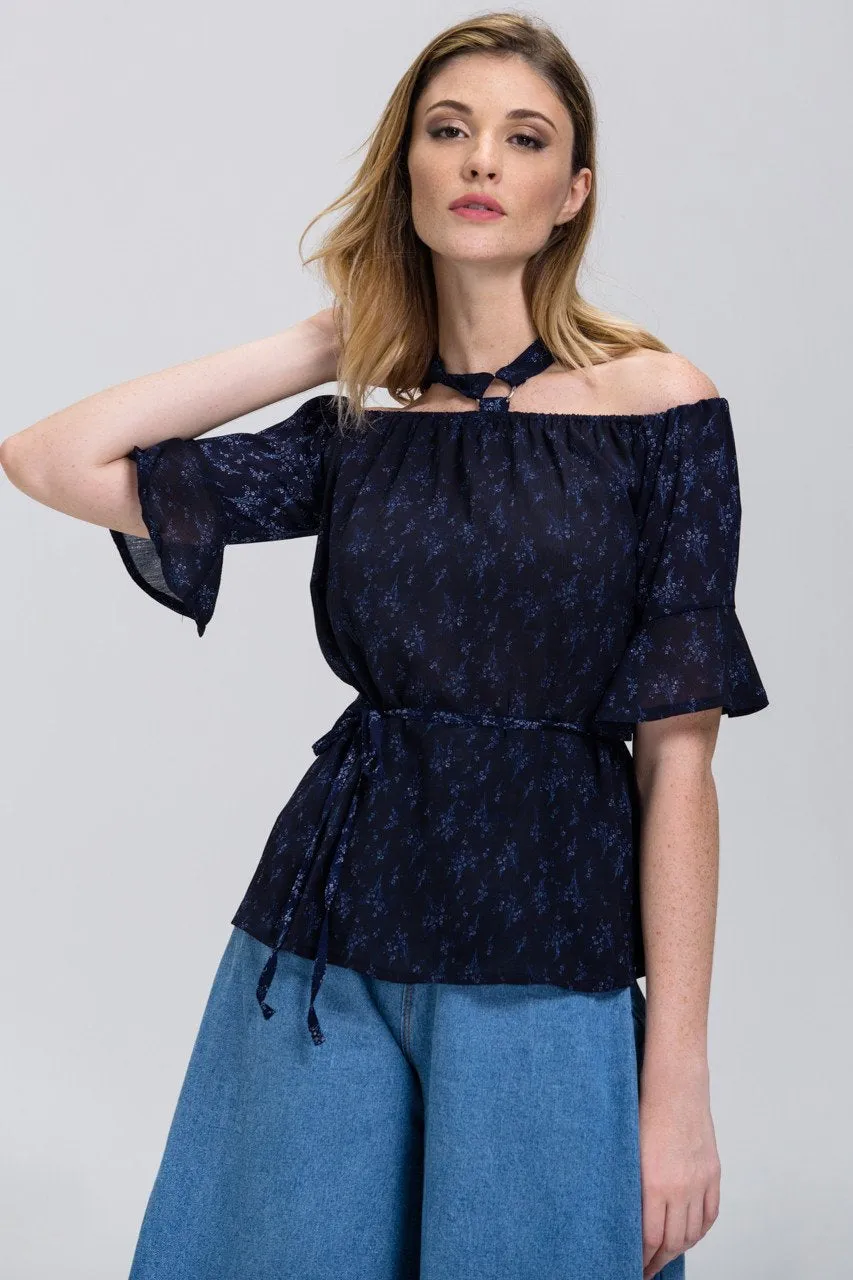 Blue Mini Flower Print cold shoulder Top