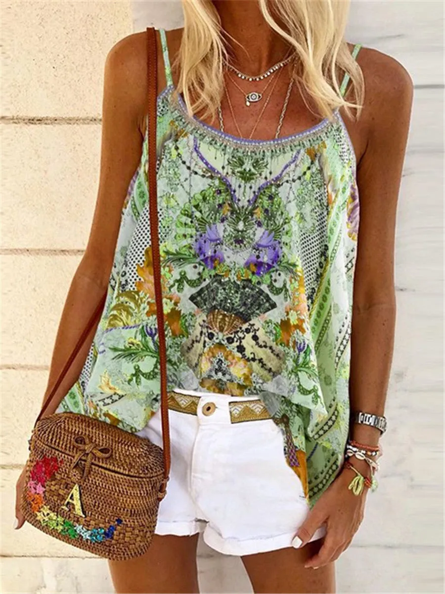 Bohemian Vintage Print Camisole Casual Flare Sleeve Blouses