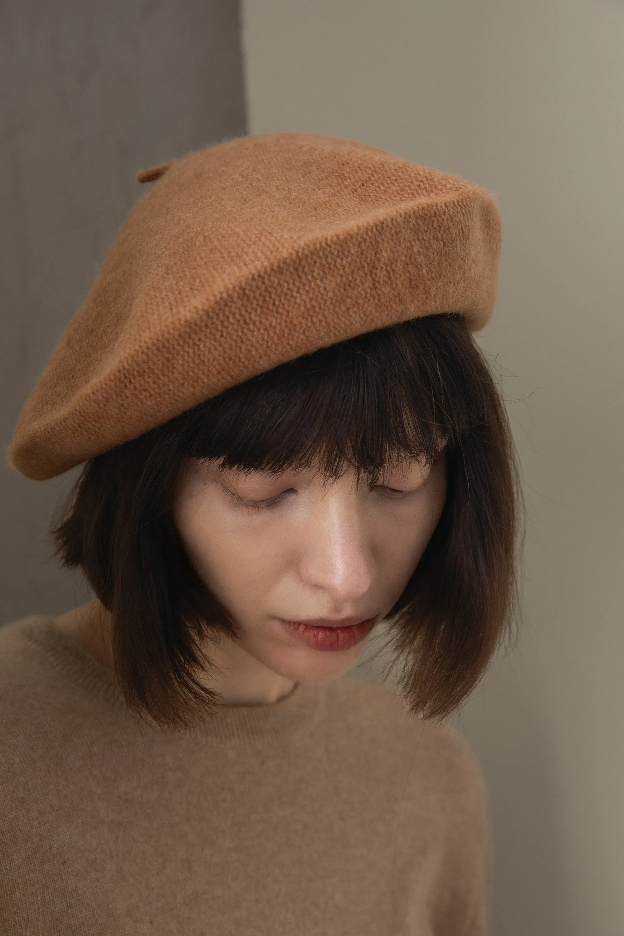 Cashmere Knitted Beret - Camel