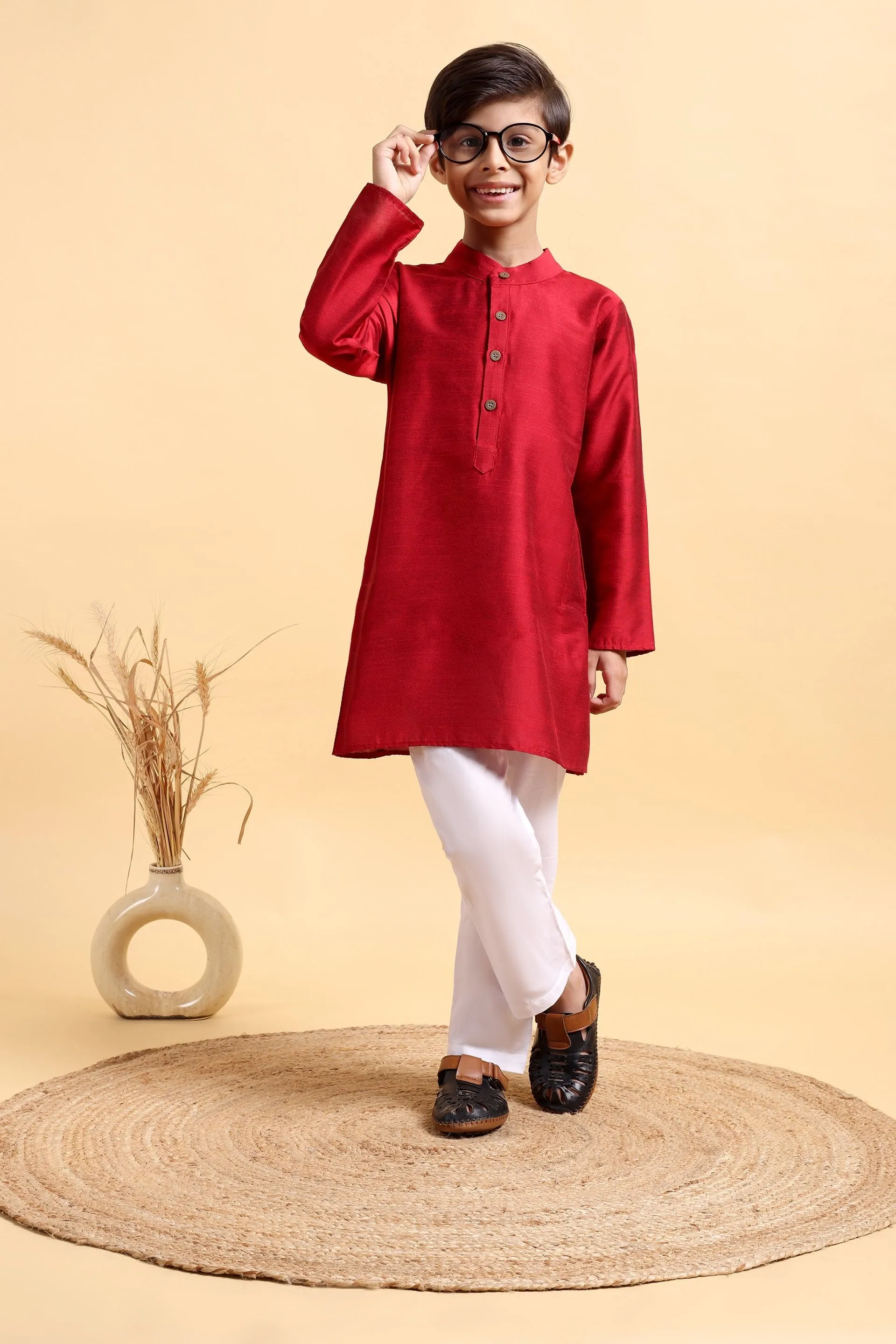 Classic Deep Red Cotton Silk Kurta & Pajama Set for Boys