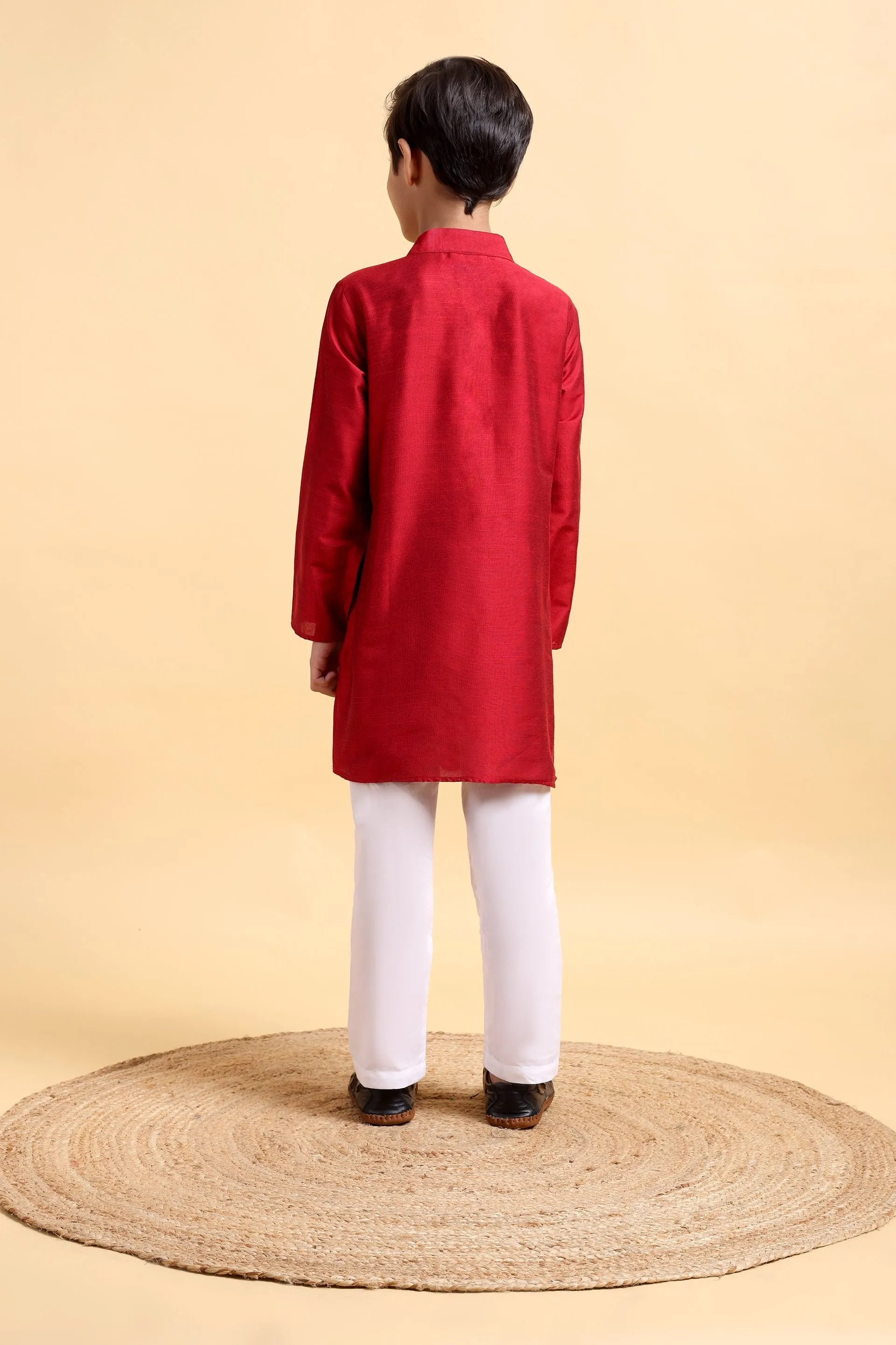 Classic Deep Red Cotton Silk Kurta & Pajama Set for Boys