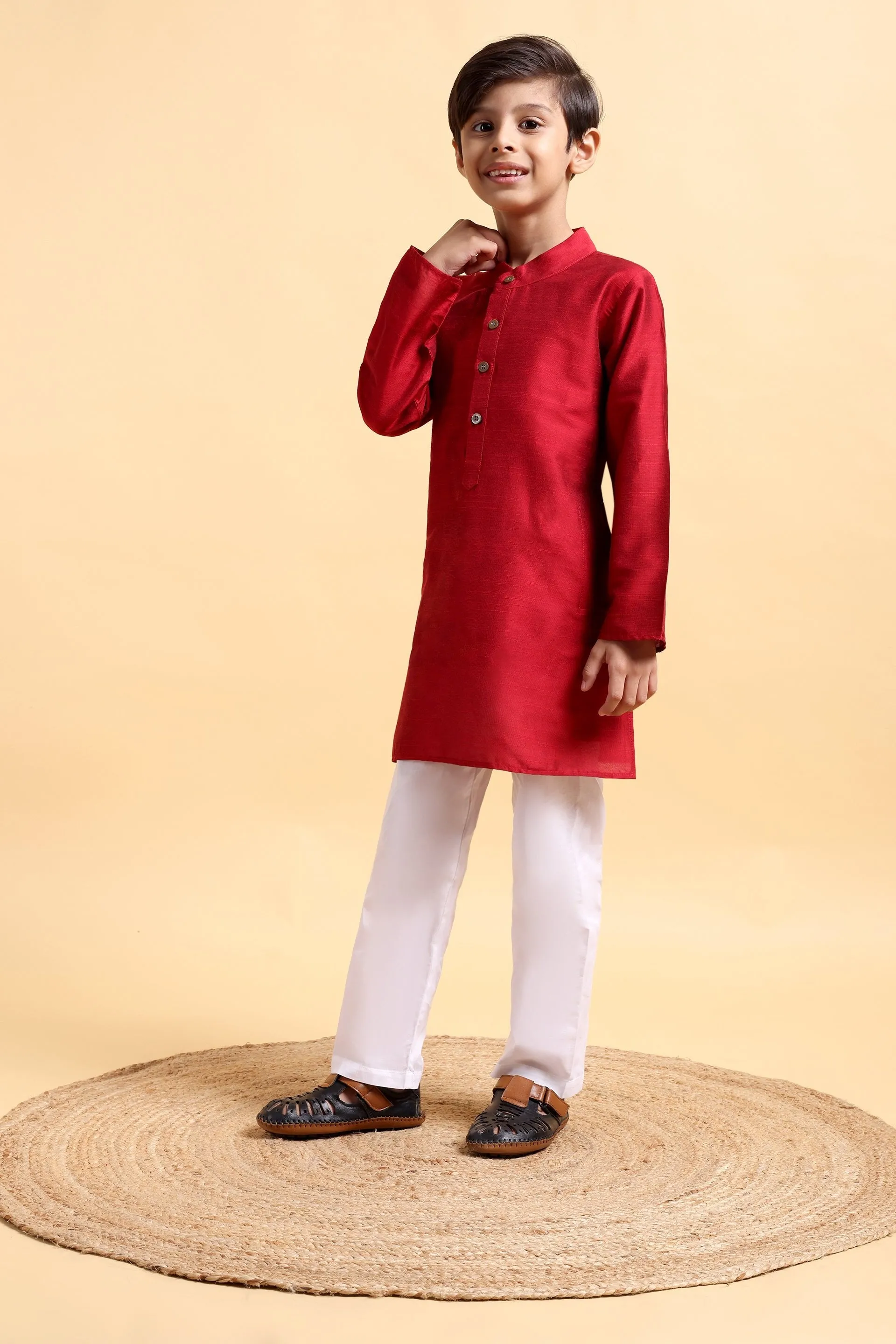 Classic Deep Red Cotton Silk Kurta & Pajama Set for Boys