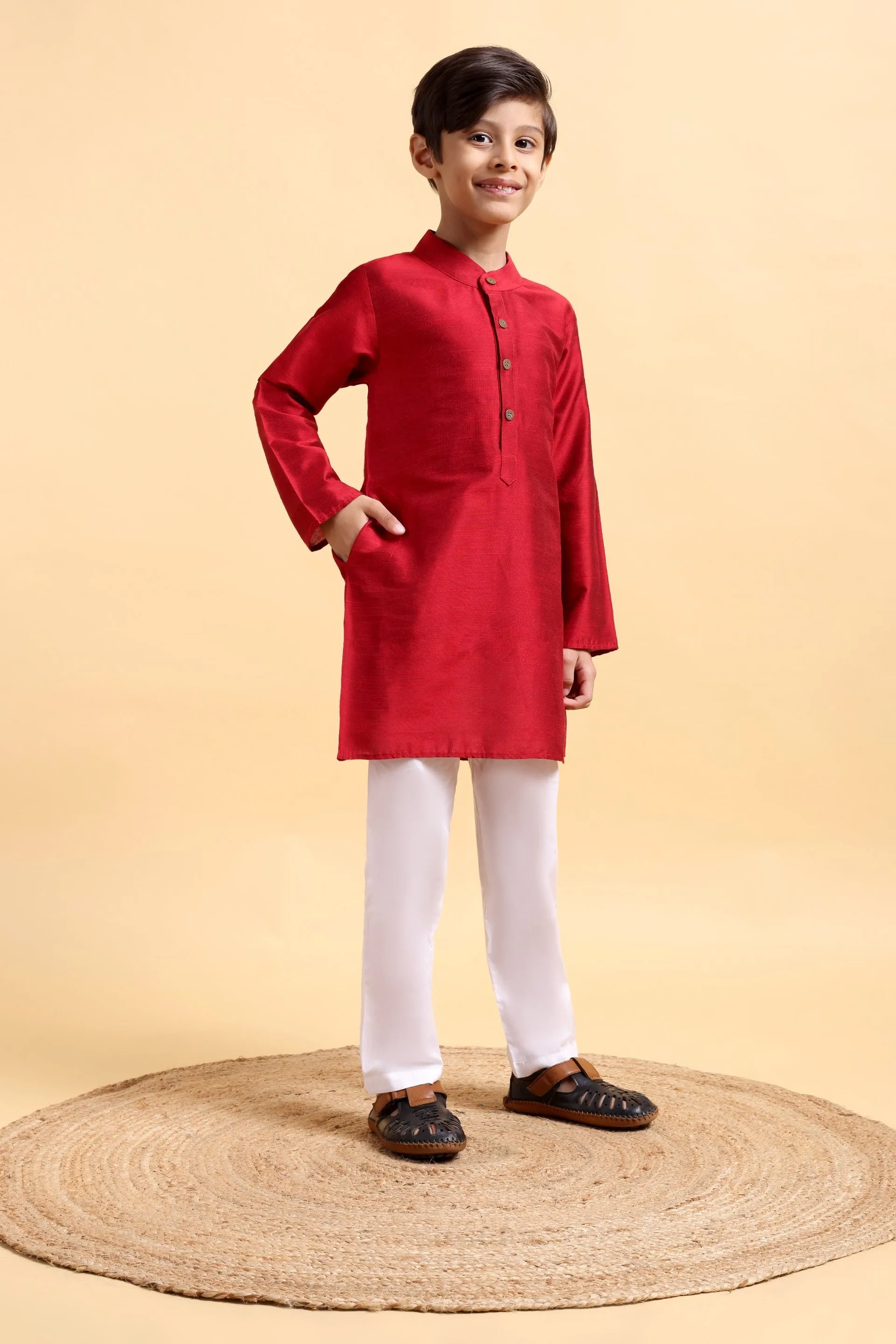 Classic Deep Red Cotton Silk Kurta & Pajama Set for Boys