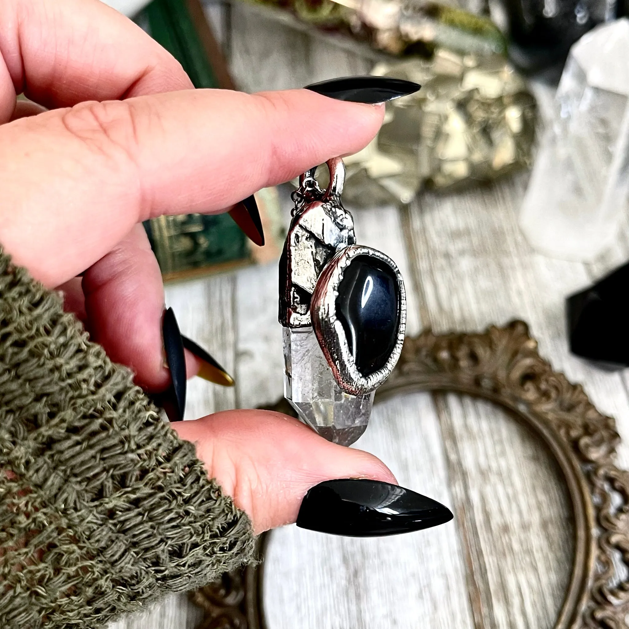 Clear Quartz & Black Onyx Crystal Statement Necklace in Fine Silver / Foxlark Collection - One of a Kind