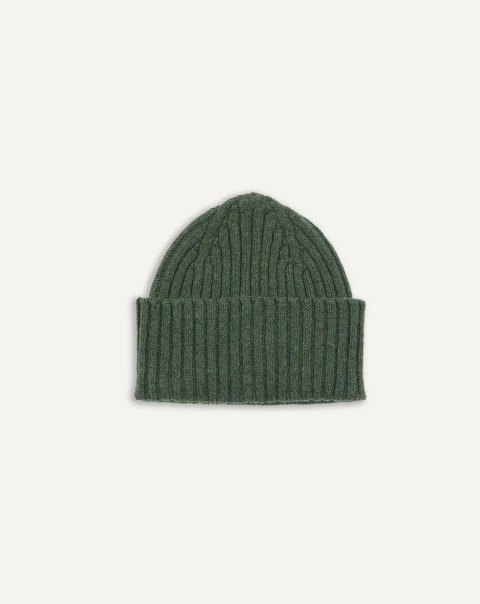 Drake's Lambswool Ribbed Knit Beanie / Green