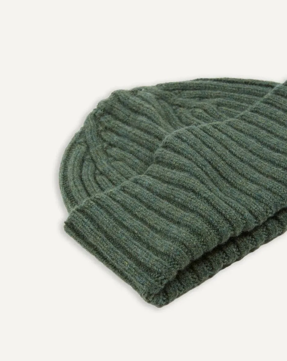 Drake's Lambswool Ribbed Knit Beanie / Green