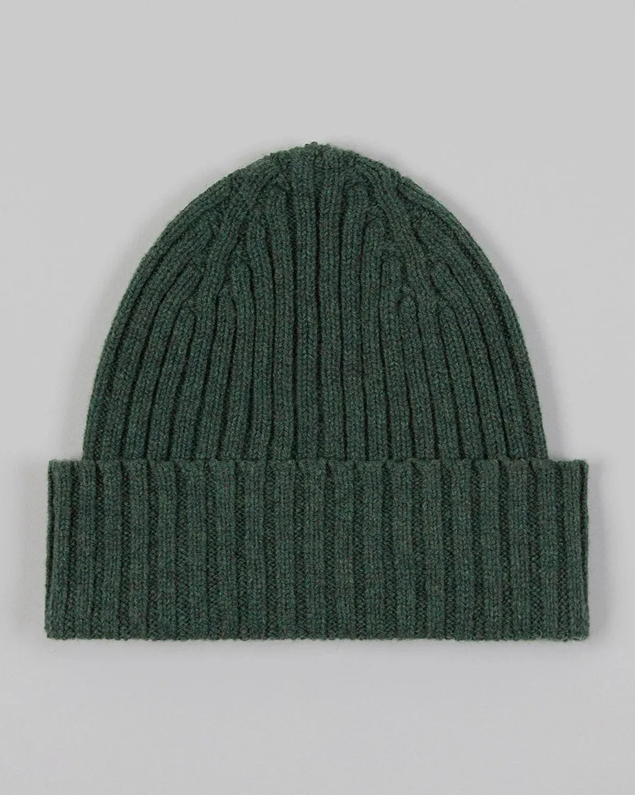 Drake's Lambswool Ribbed Knit Beanie / Green