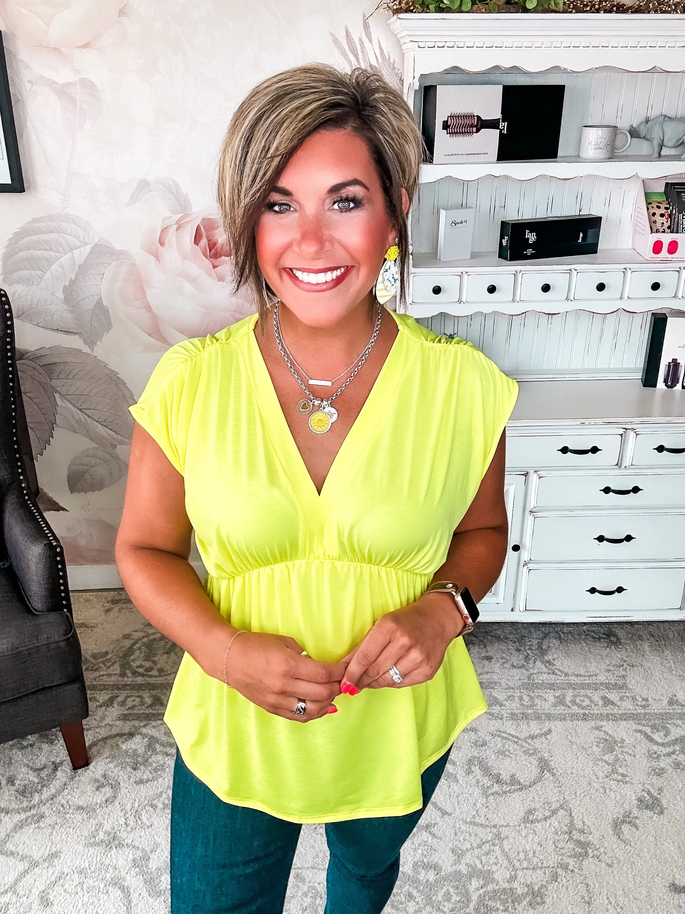 Dream On Peplum Short Sleeve Top - Neon Yellow