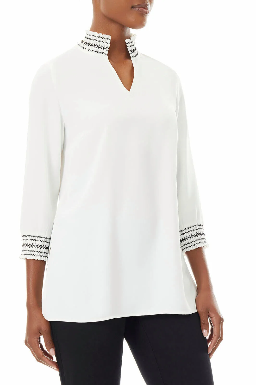 Embroidered Smock Collar Crepe de Chine Blouse, White/Black