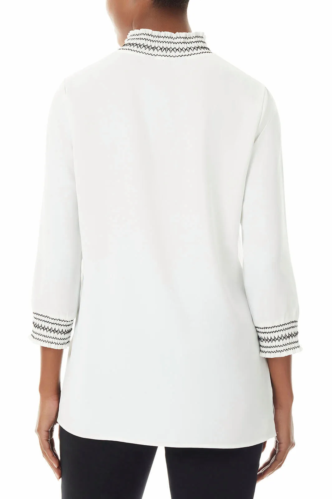 Embroidered Smock Collar Crepe de Chine Blouse, White/Black