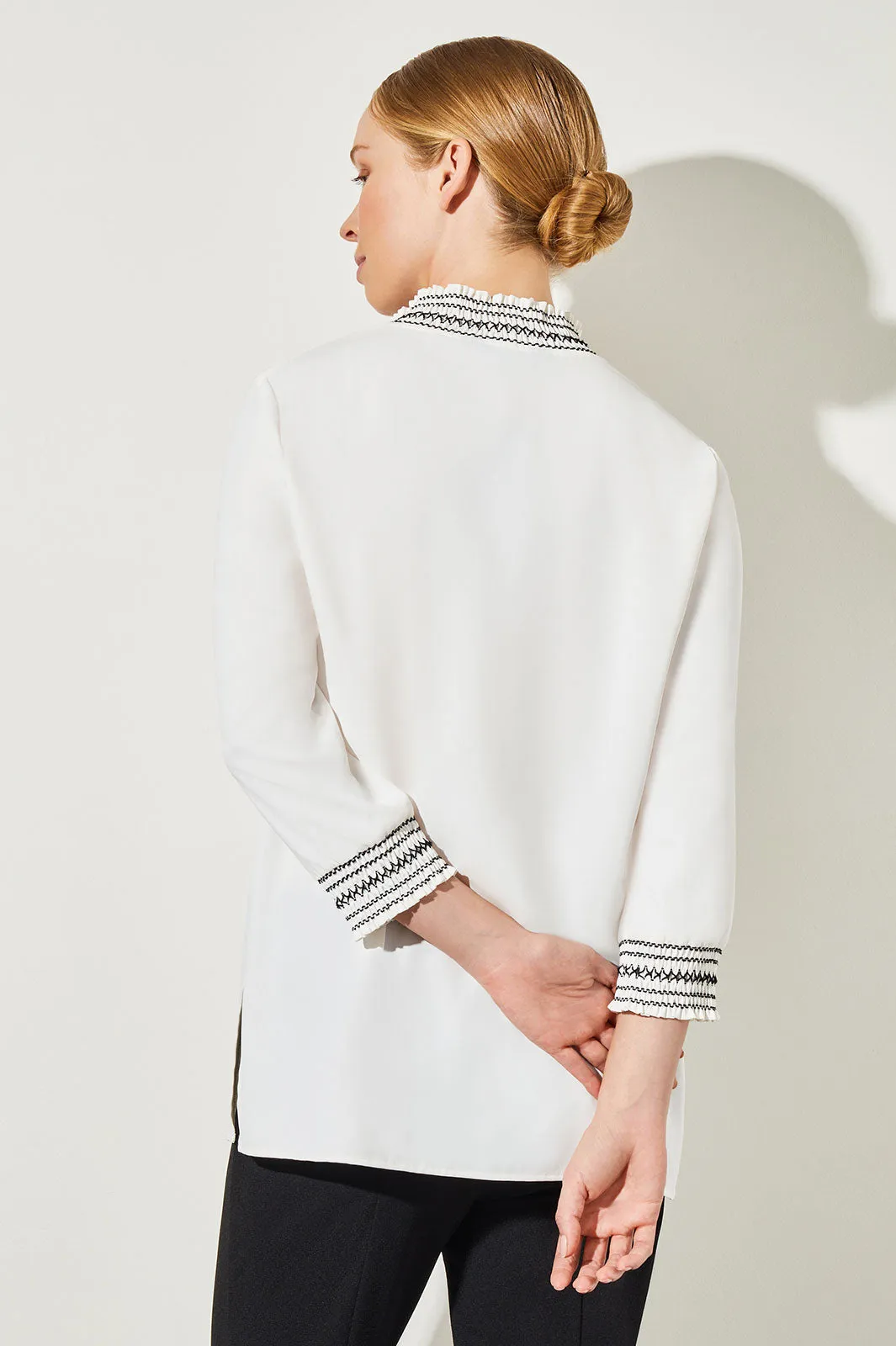 Embroidered Smock Collar Crepe de Chine Blouse, White/Black