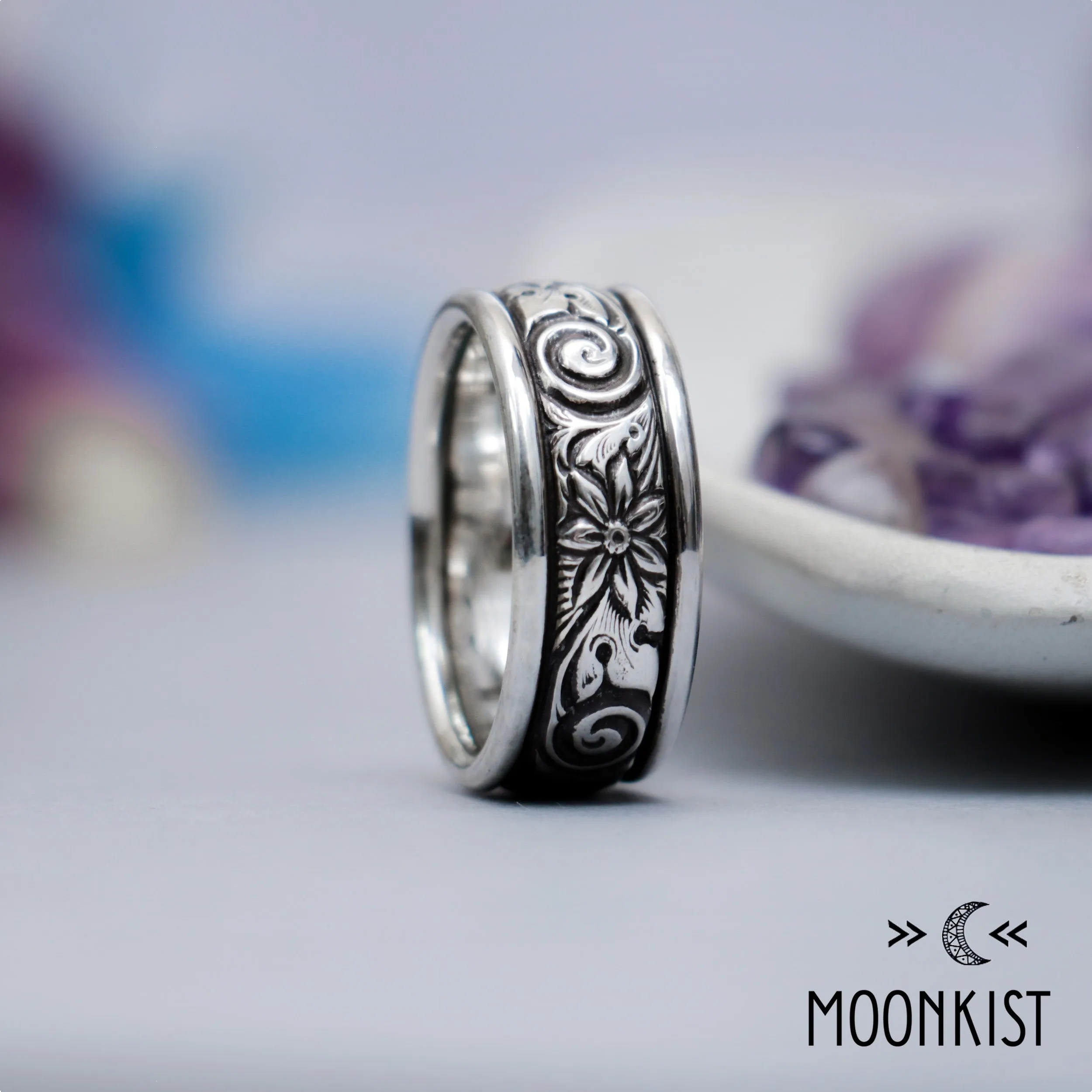 Free Spirit Wide Silver Flower and Spiral Wedding Ring | Moonkist Designs