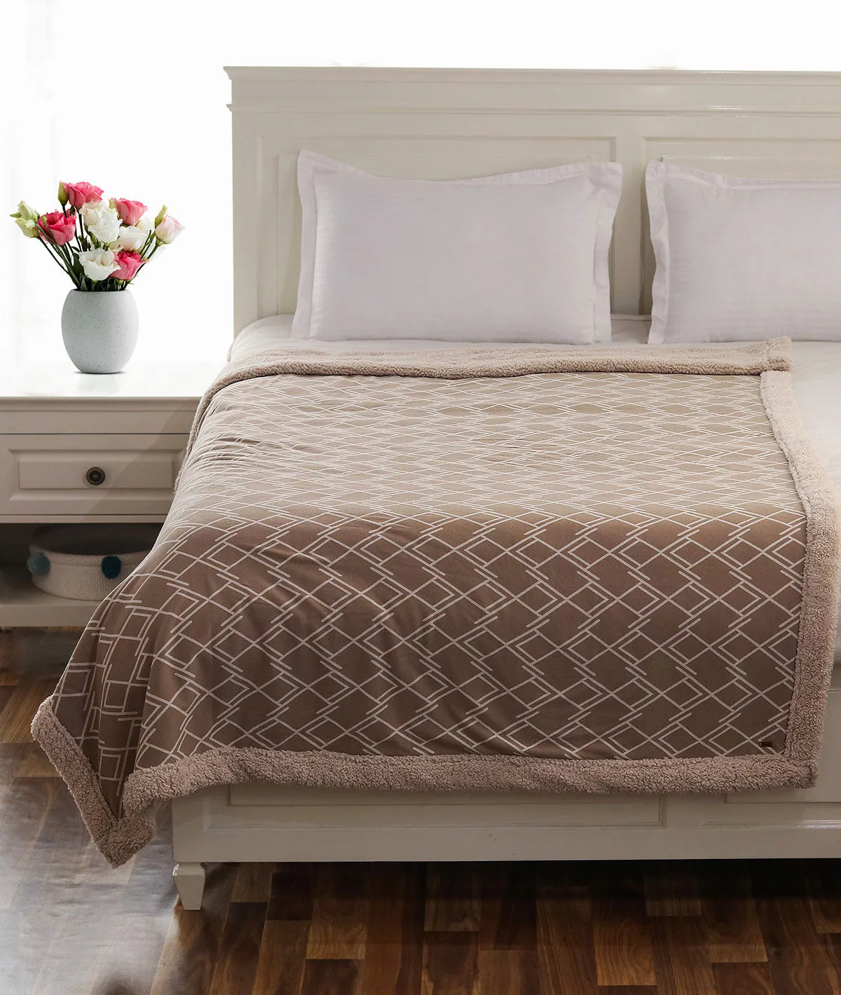 Gianna-  Stone & Natural Cotton Knitted Single Bed Blanket layered with Warm Sherpa Fabric