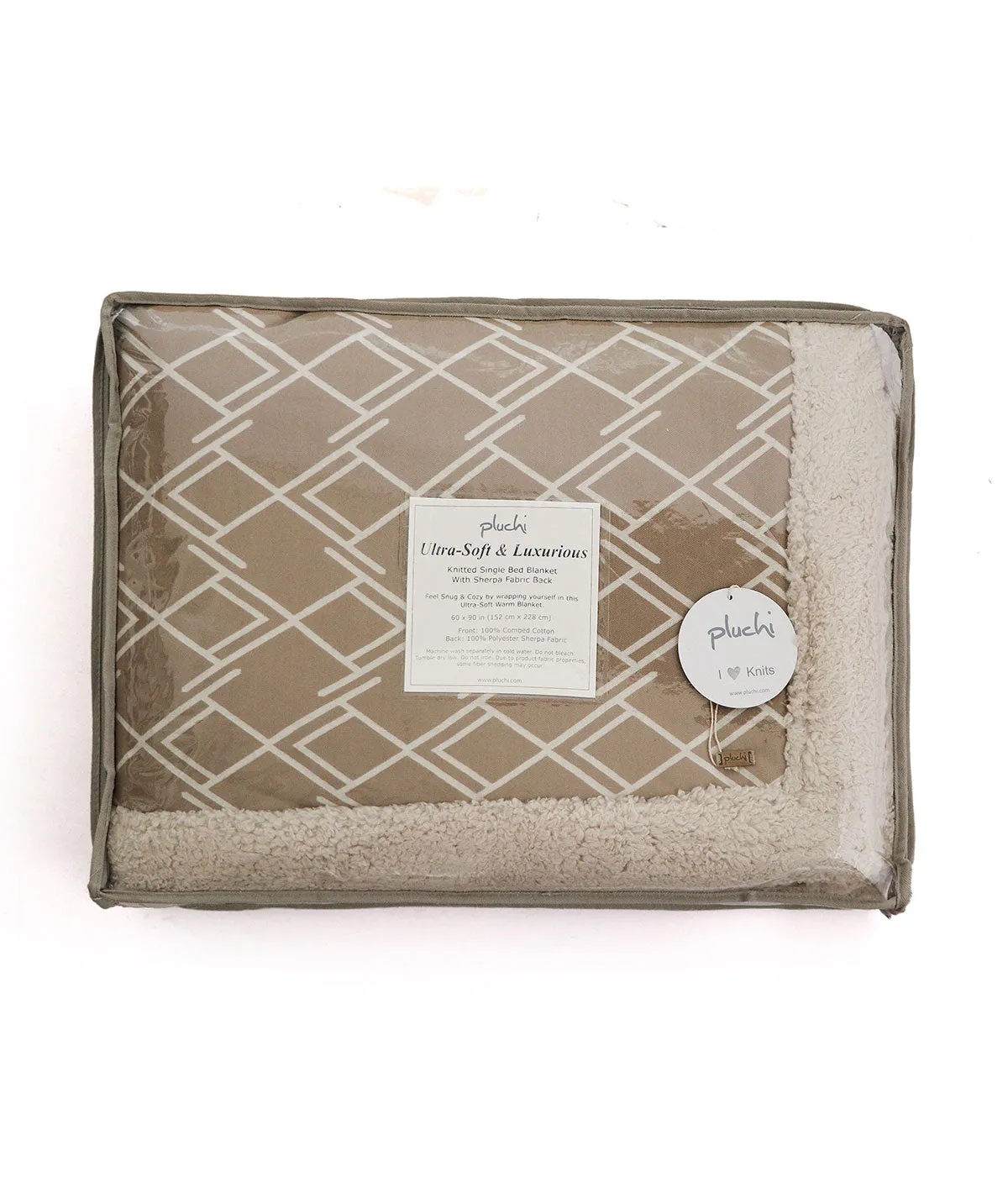 Gianna-  Stone & Natural Cotton Knitted Single Bed Blanket layered with Warm Sherpa Fabric