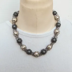 Hand-Knit Wire Tube Necklace with Jumbo Silver & Matte Black Beads