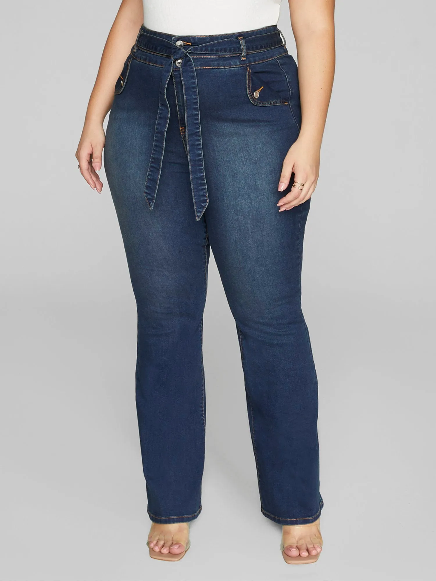 High Rise Tie Waist Flare Leg Jeans