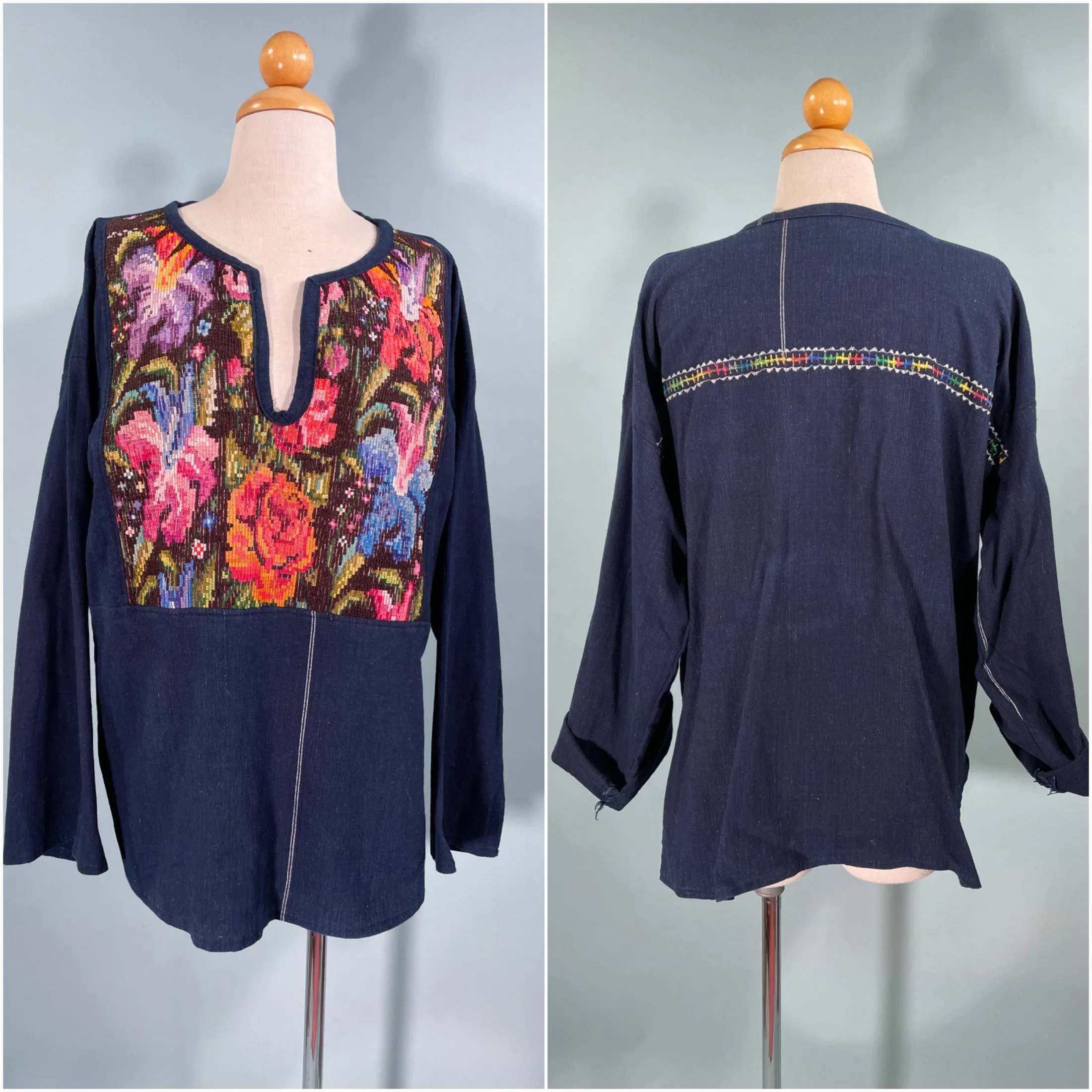 Indigo Hand Embroidered Ethnic Boho Peasant Top M/L