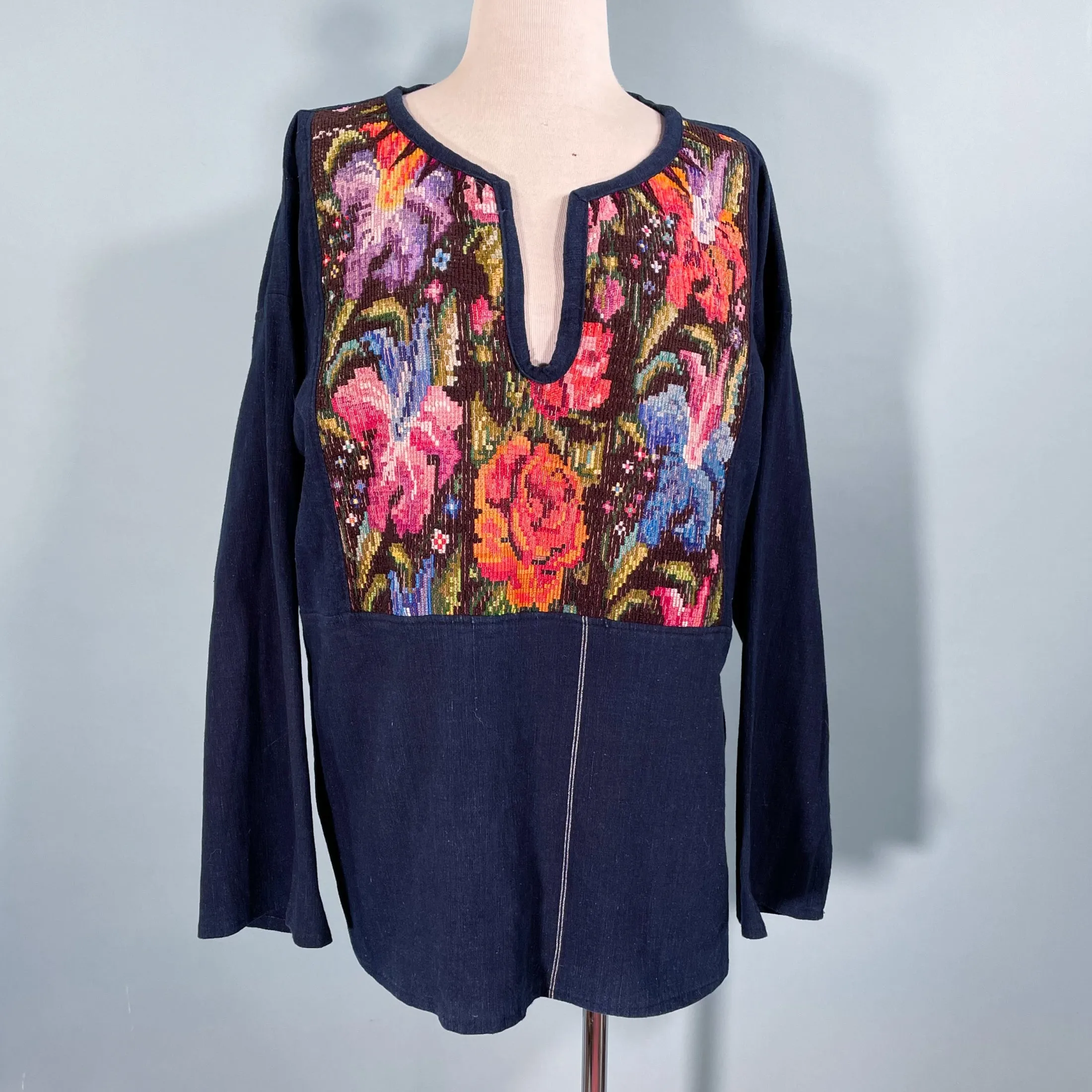 Indigo Hand Embroidered Ethnic Boho Peasant Top M/L