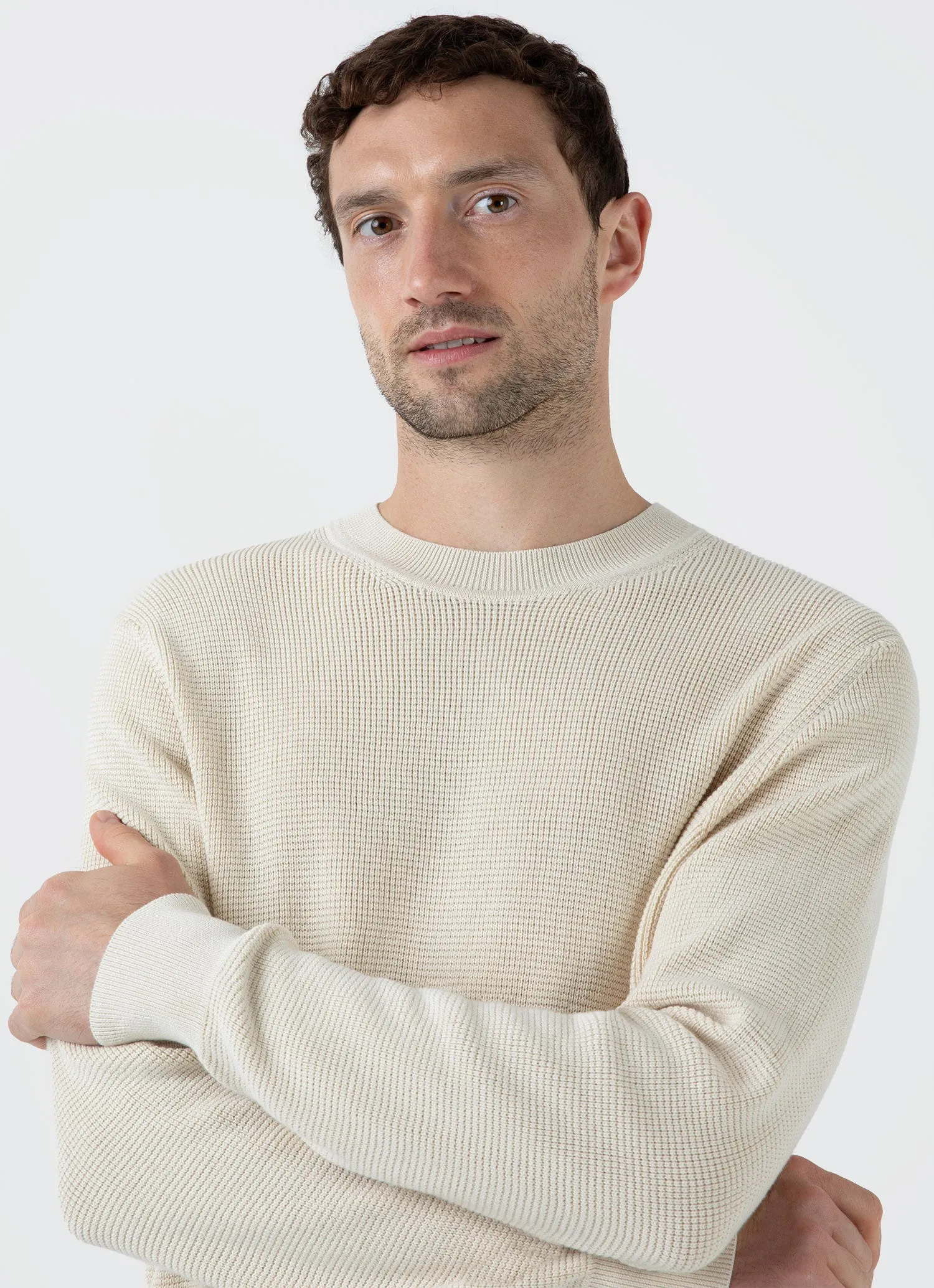 Men's Waffle Stitch Crew Neck Jumper in Ecru