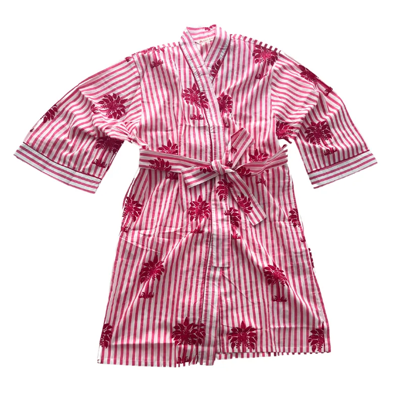 SECONDS | Block Print Cotton Robe | Pink Palms | No Beltloops